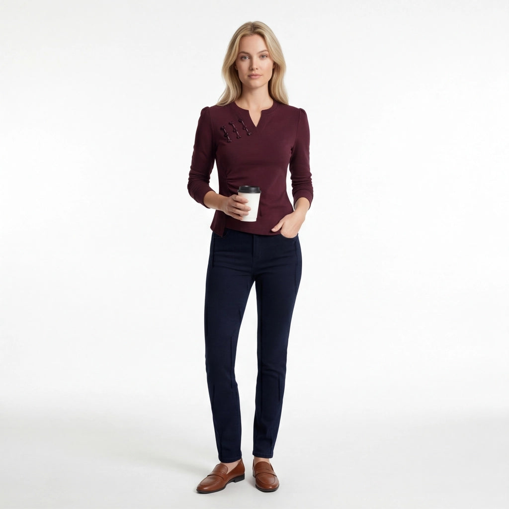 Wine Red Aria Cotton V-Neck Top 2