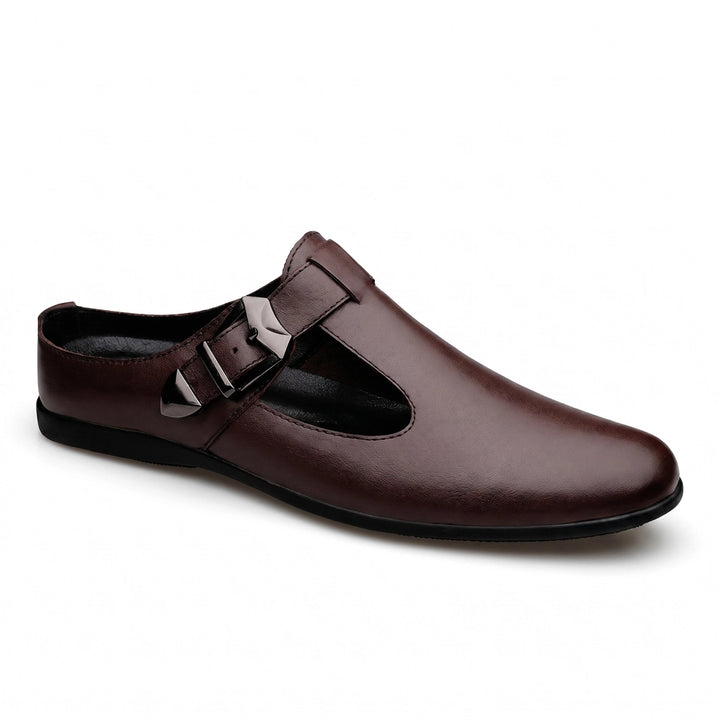 Brown Julian Leather Buckle Mules 1