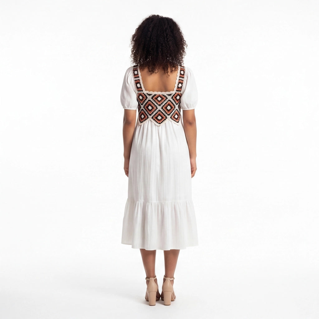 White crochet Elena Crochet Square Neck Dress 3
