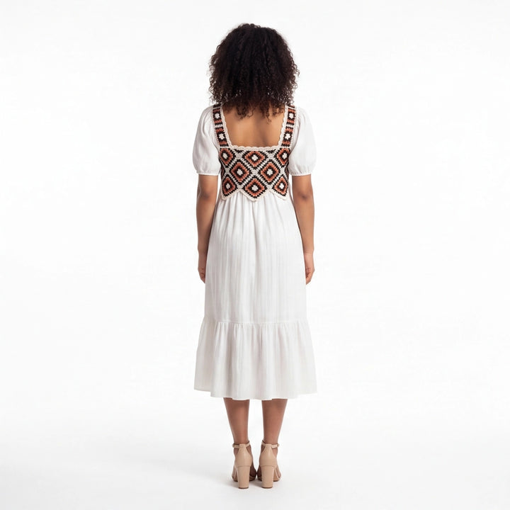 White crochet Elena Crochet Square Neck Dress 3