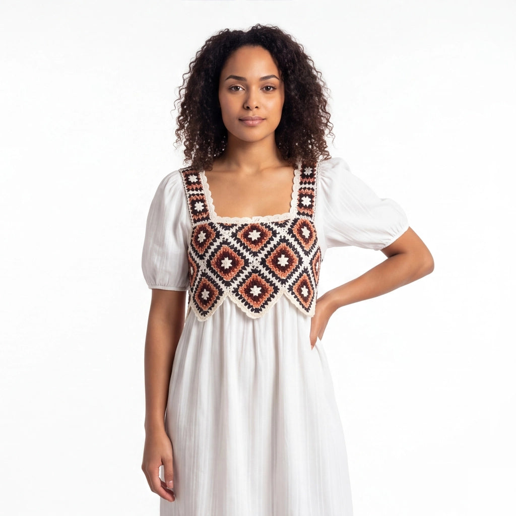 White crochet Elena Crochet Square Neck Dress 4