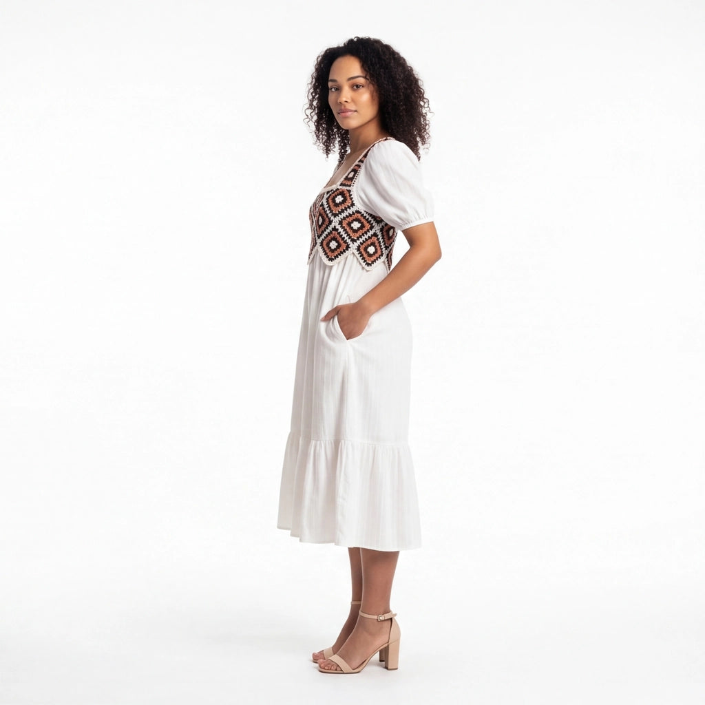 White crochet Elena Crochet Square Neck Dress 2