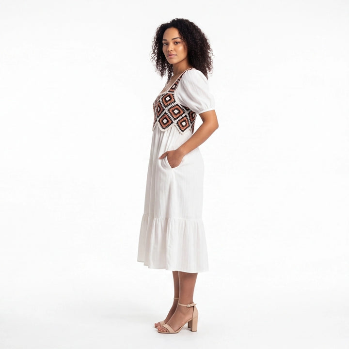 White crochet Elena Crochet Square Neck Dress 2