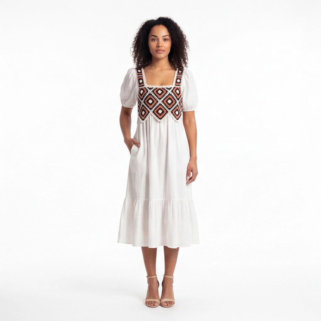 White crochet Elena Crochet Square Neck Dress 1