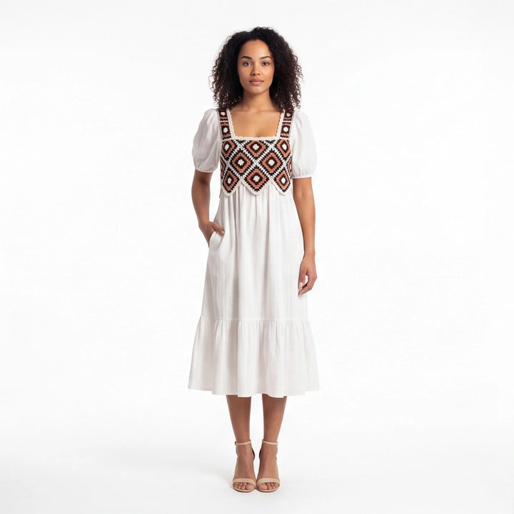 White crochet Elena Crochet Square Neck Dress 1
