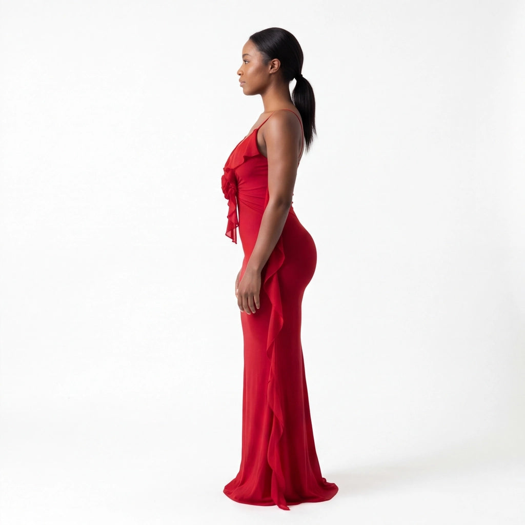 Red Elena V-Neck Fishtail Gown 2