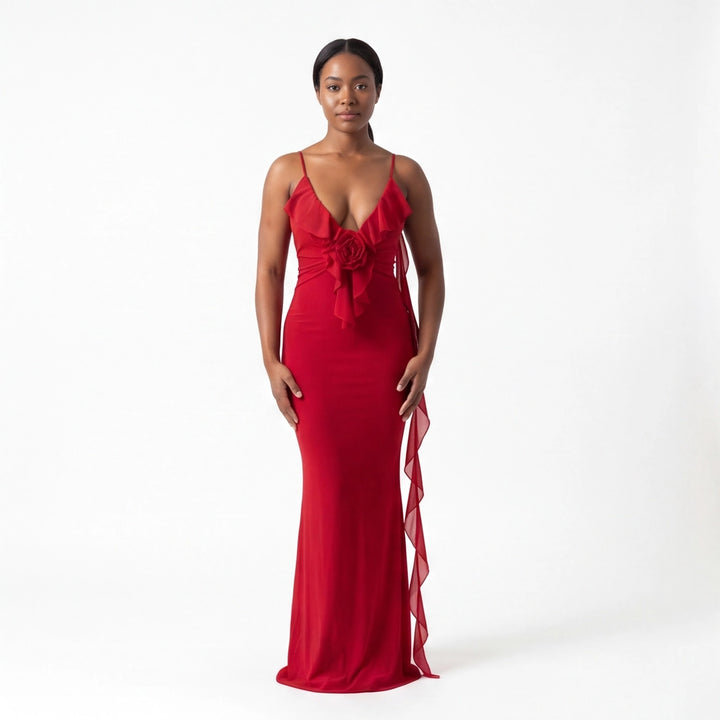 Red Elena V-Neck Fishtail Gown 3