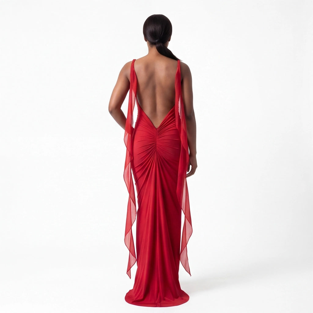 Red Elena V-Neck Fishtail Gown 1