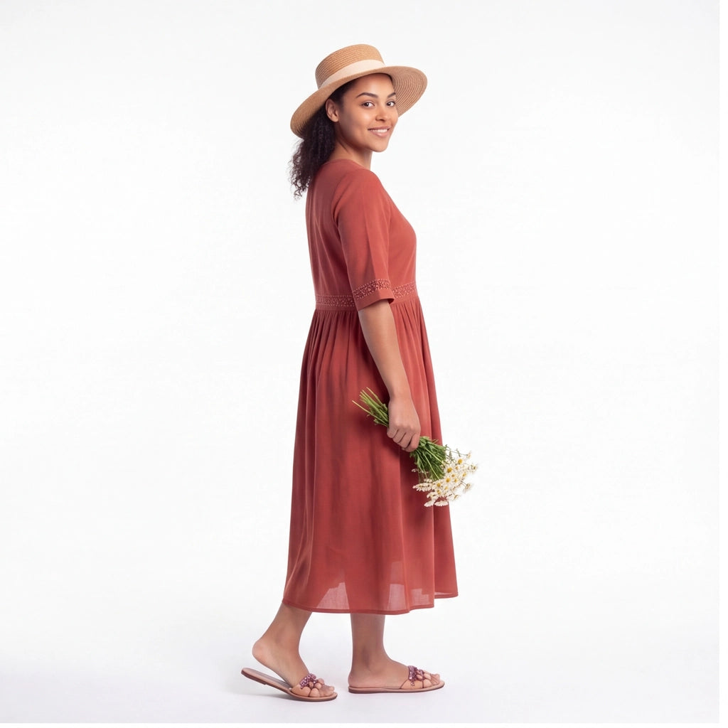 Brick Red Fitzroy Embroidered Cotton Midi Dress 7