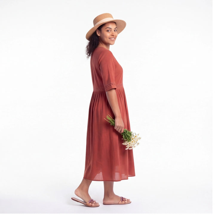 Brick Red Fitzroy Embroidered Cotton Midi Dress 7
