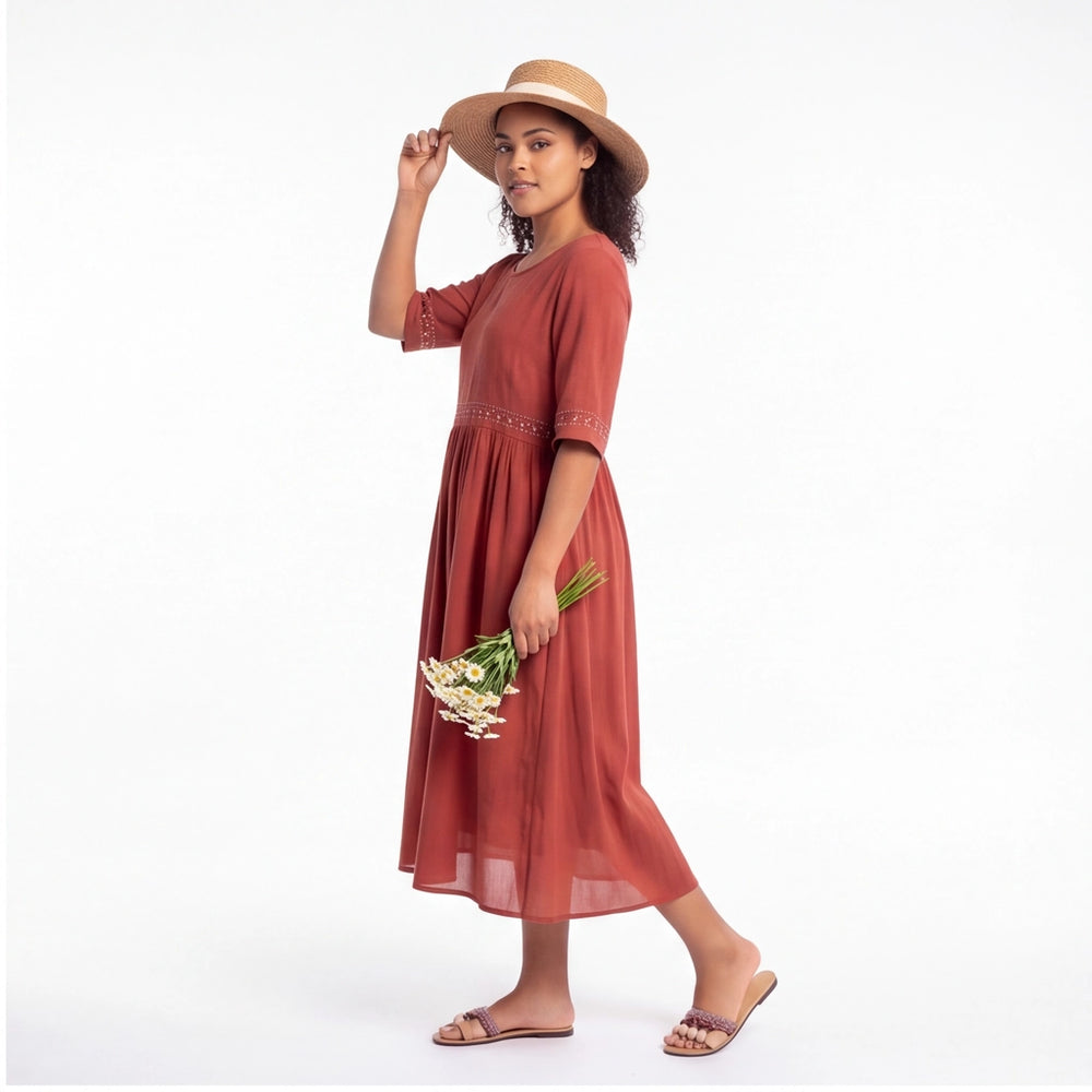 Brick Red Fitzroy Embroidered Cotton Midi Dress 4