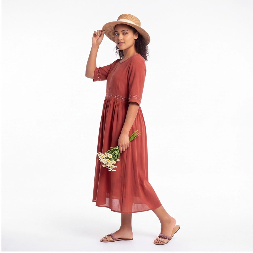Brick Red Fitzroy Embroidered Cotton Midi Dress 4