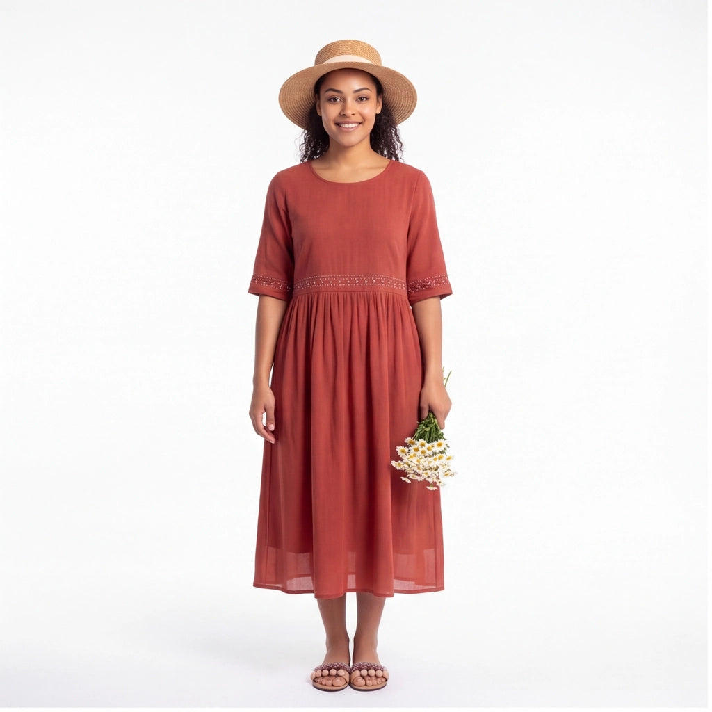 Brick Red Fitzroy Embroidered Cotton Midi Dress 3