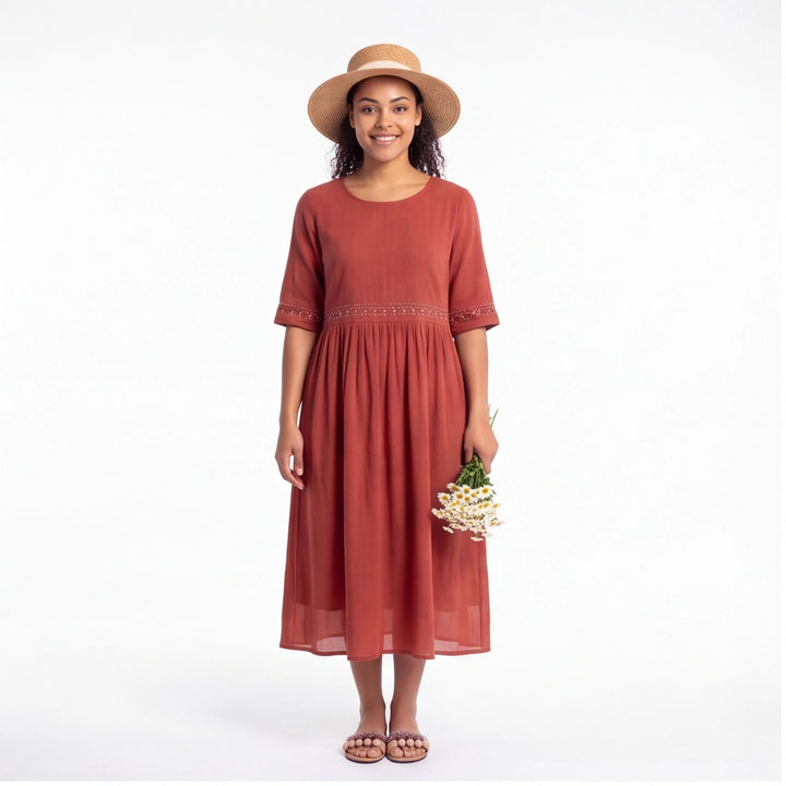 Brick Red Fitzroy Embroidered Cotton Midi Dress 3