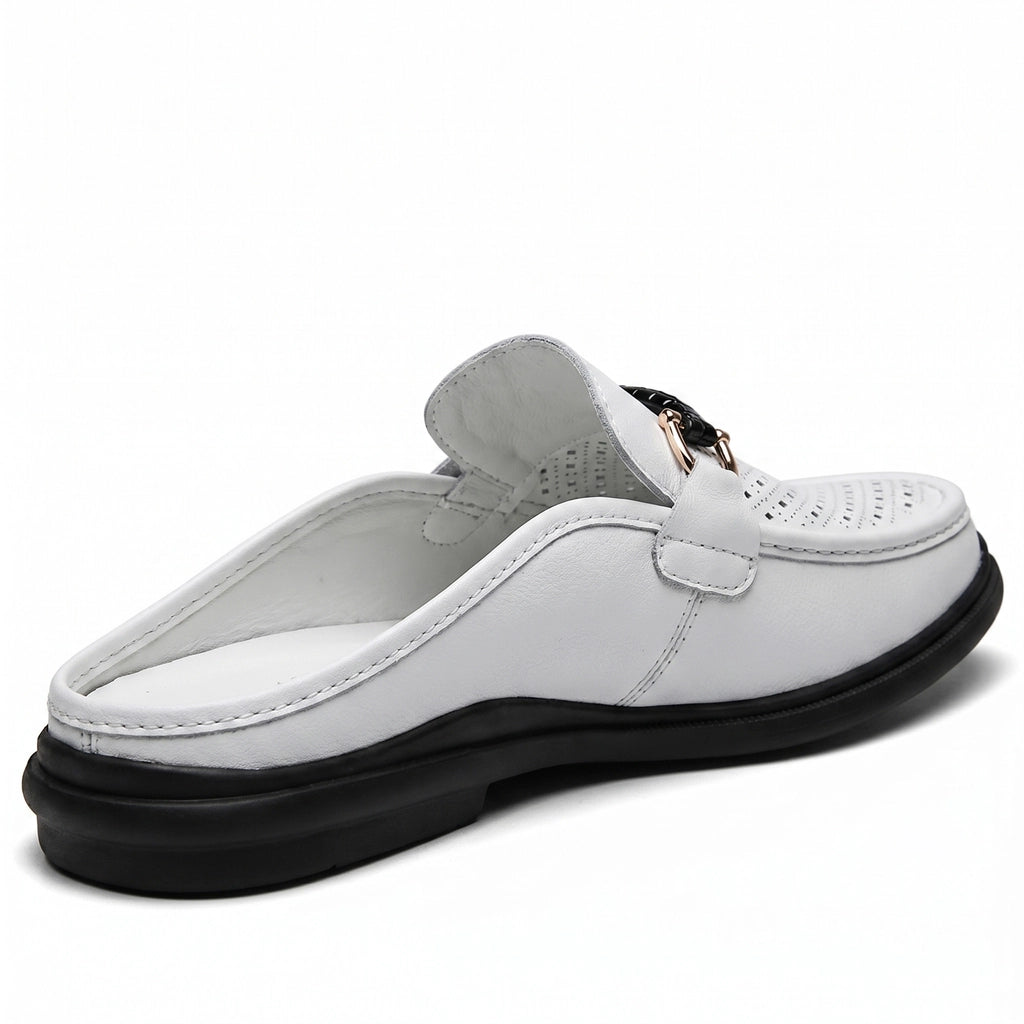Perforated White Cummings Leather Mule Loafers 1