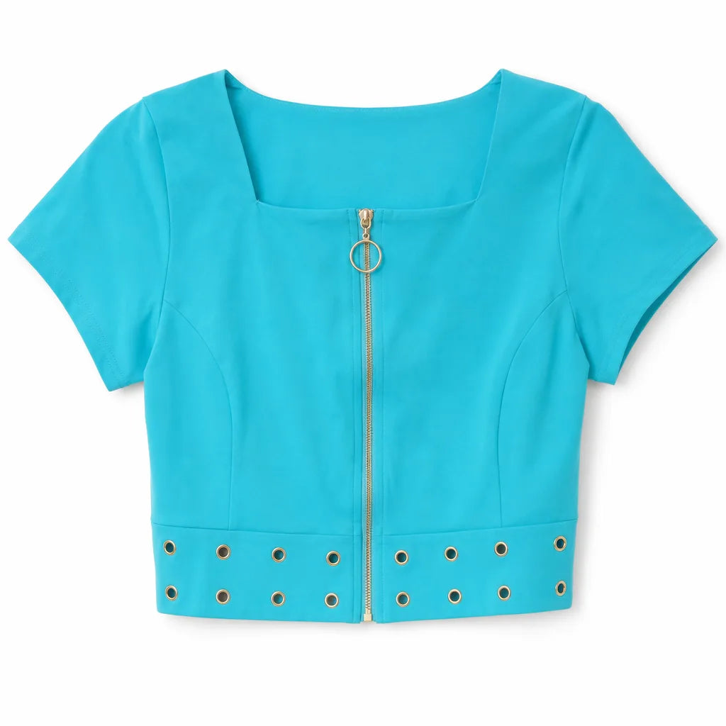 Aimee Cropped Zip Top  - Color:Blue;Size:XS