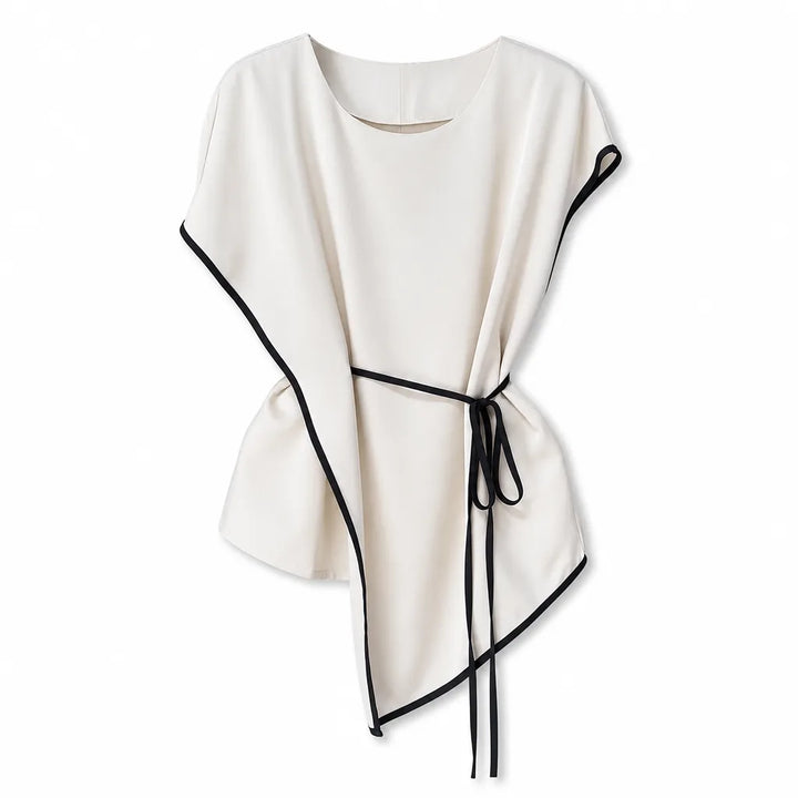 Alexandra Asymmetric Tie-Waist Top - Color:Beige;Size:S