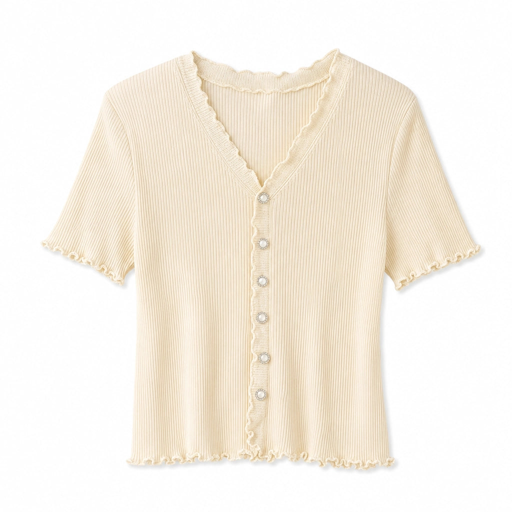 Elise Ruffle V-Neck T-Shirt - Color:Apricot;Size:XS