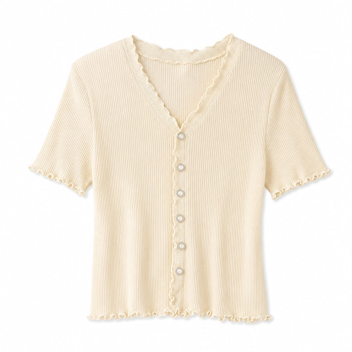 Elise Ruffle V-Neck T-Shirt - Color:Apricot;Size:XS