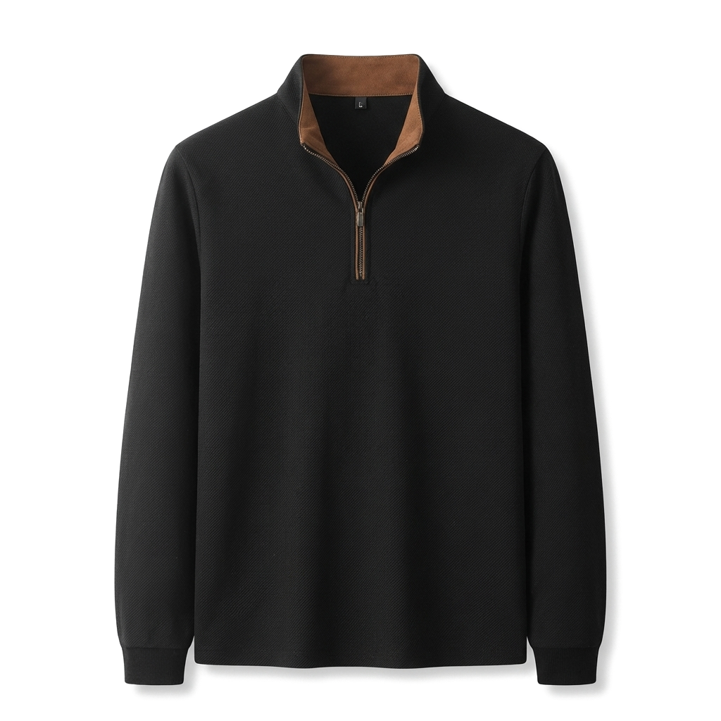 Black Long Sleeve Quarter Zip Polo Shirt in Textured Waffle Knit 1