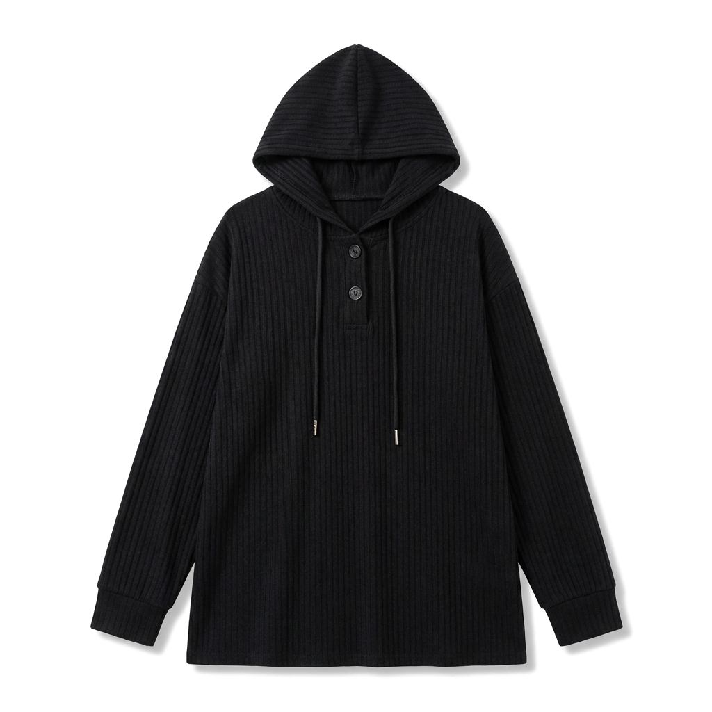 Black Plus Size Ribbed Knit Hooded Long Sleeve T-Shirt 1