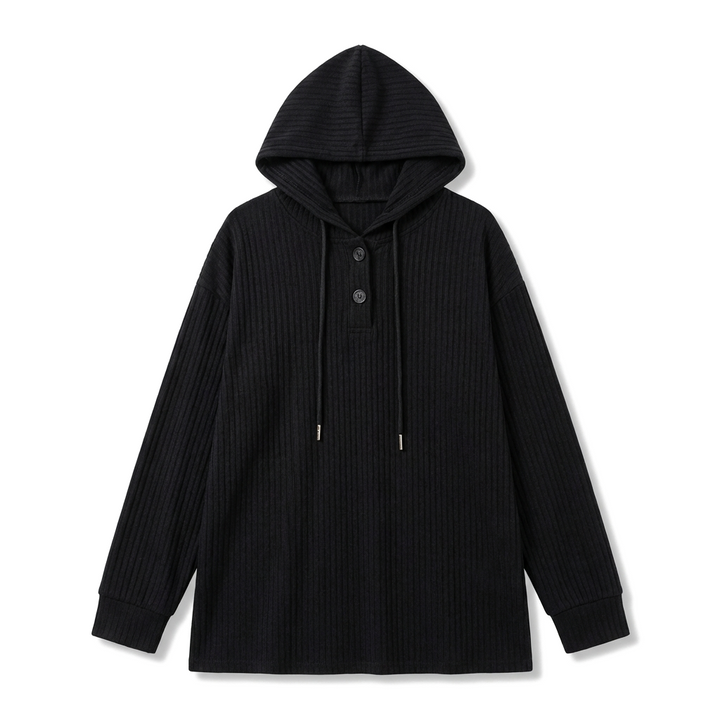 Black Plus Size Ribbed Knit Hooded Long Sleeve T-Shirt 1