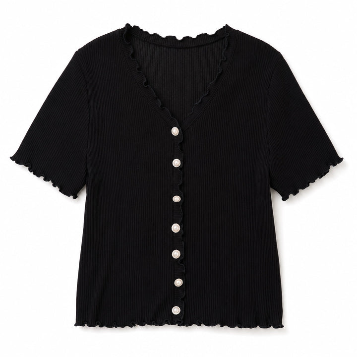 Elise Ruffle V-Neck T-Shirt - Color:Black;Size:XS