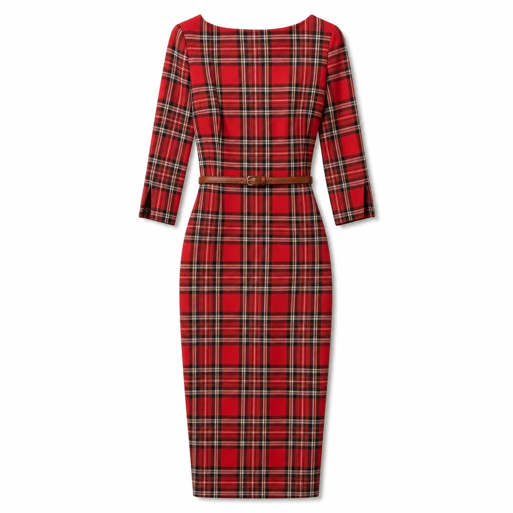 Claire Plaid Dress - Color:Red;Size:XS