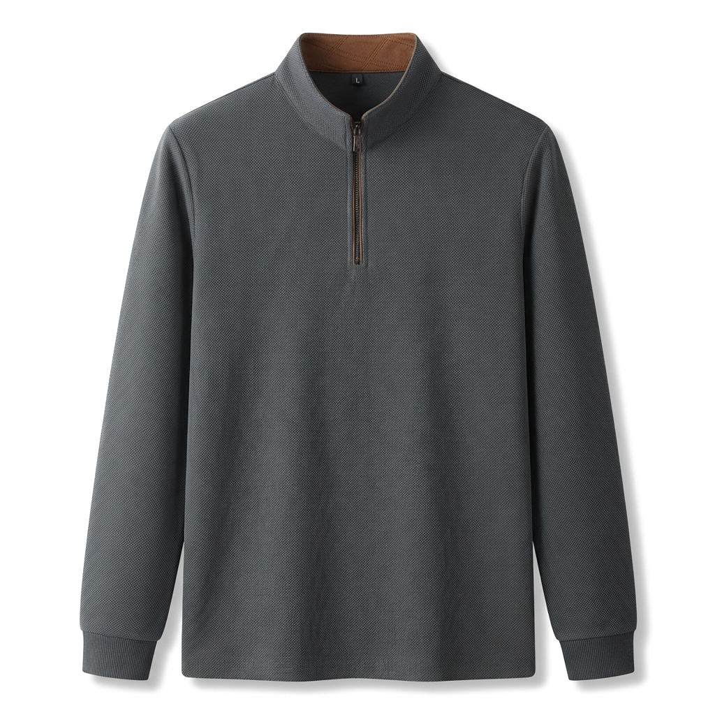 Dark Grey Long Sleeve Quarter Zip Polo Shirt in Textured Waffle Knit 1