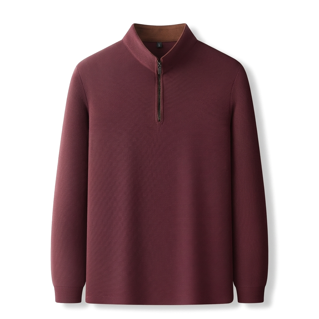 Deep Rose Long Sleeve Quarter Zip Polo Shirt in Textured Waffle Knit 1