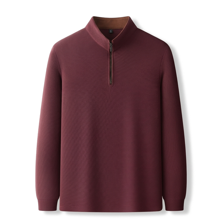 Deep Rose Long Sleeve Quarter Zip Polo Shirt in Textured Waffle Knit 1