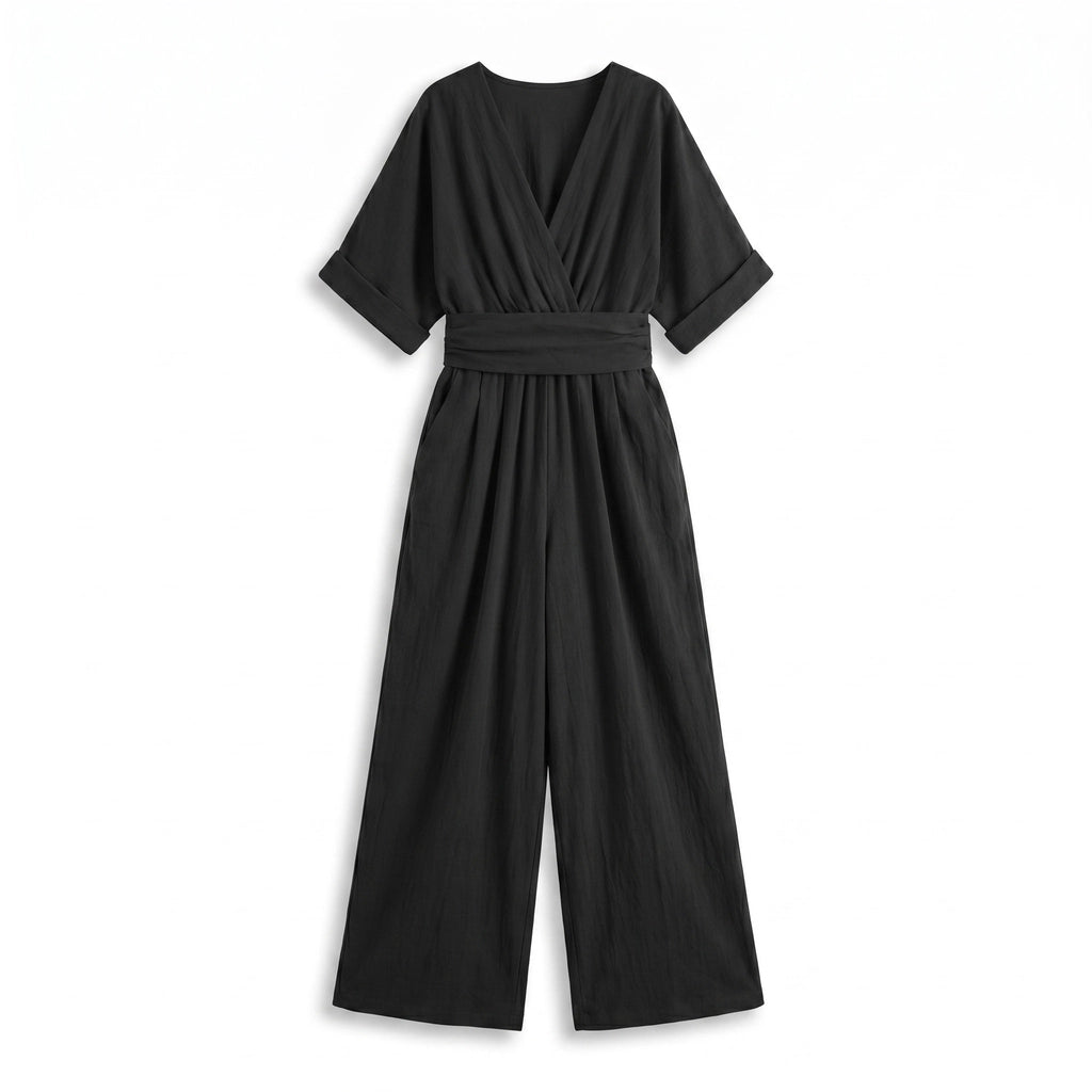 Ella V-Neck Wide-Leg Jumpsuit - Color:Black;Size:XS