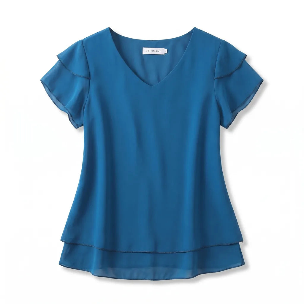 Emma Ruffle Sleeve Blouse - Color:Deep Lake Blue;Size:S