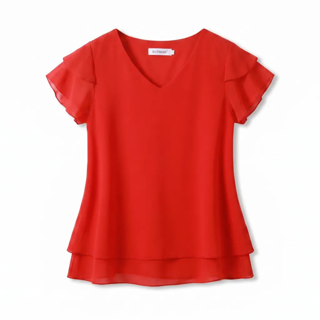 Emma Ruffle Sleeve Blouse - Color:Red;Size:S