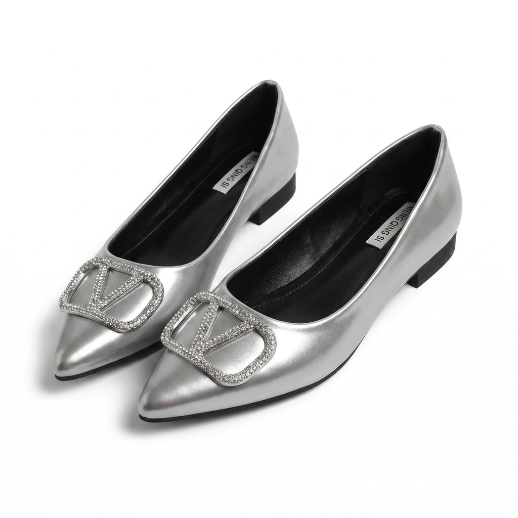 Esme V-Buckle Patent Flats - Color:Silver;Size:35