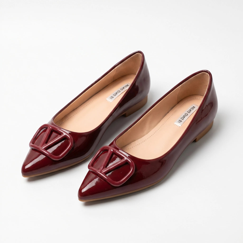 Esme V-Buckle Patent Flats - Color:Wine Red;Size:35