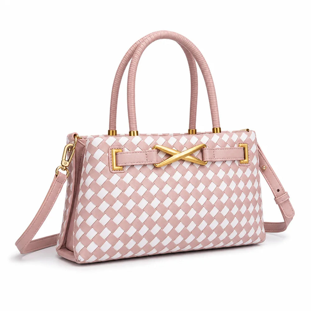 Women's Pink and White Check Harrington Woven Shoulder Bag