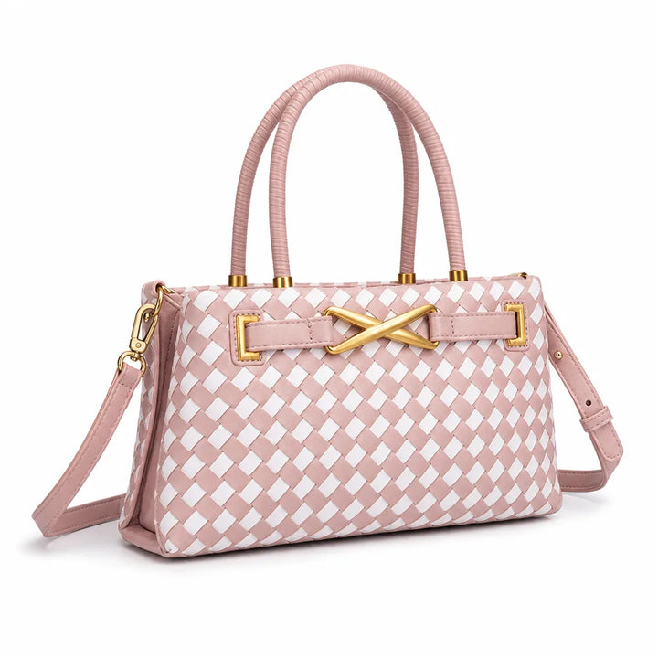 Women's Pink and White Check Harrington Woven Shoulder Bag