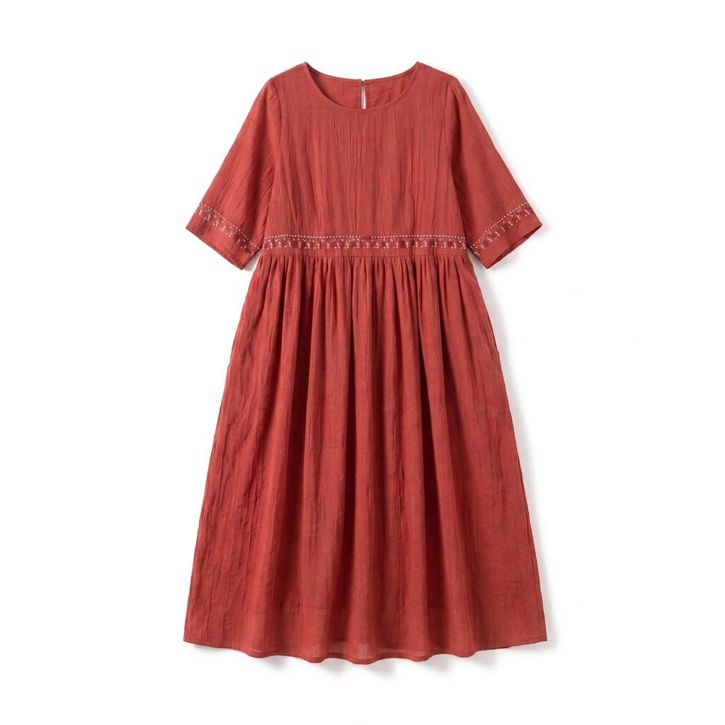 Fitzroy Embroidered Cotton Midi Dress - Color:Brick Red;Size:S