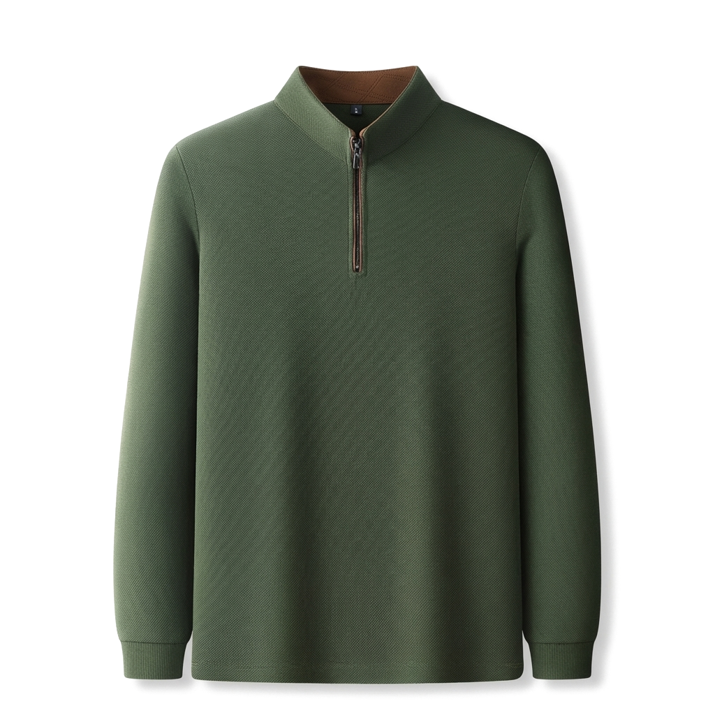Forest Green Long Sleeve Quarter Zip Polo Shirt in Textured Waffle Knit 1