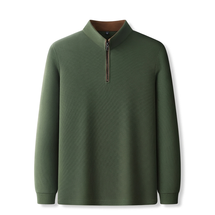 Forest Green Long Sleeve Quarter Zip Polo Shirt in Textured Waffle Knit 1