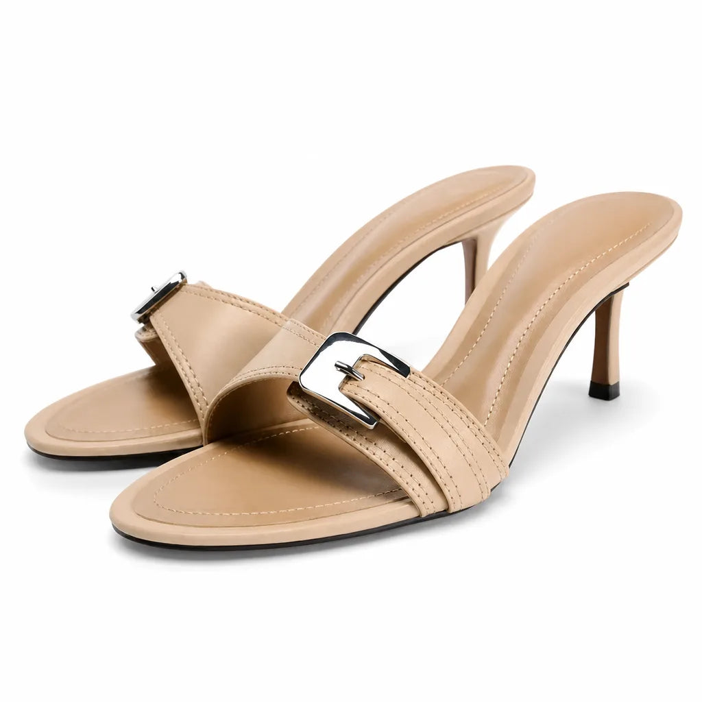 Hazel Buckle Heel Mules - Color:Beige;Size:35