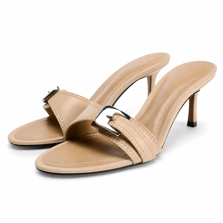 Hazel Buckle Heel Mules - Color:Beige;Size:35