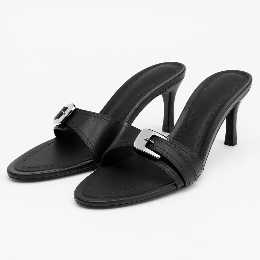 Hazel Buckle Heel Mules - Color:Black;Size:35