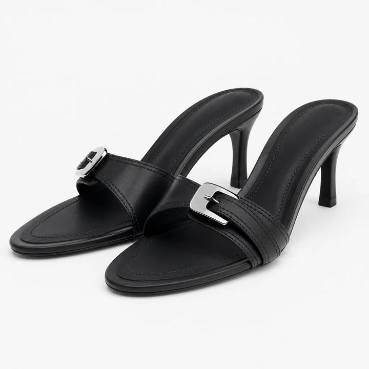Hazel Buckle Heel Mules - Color:Black;Size:35