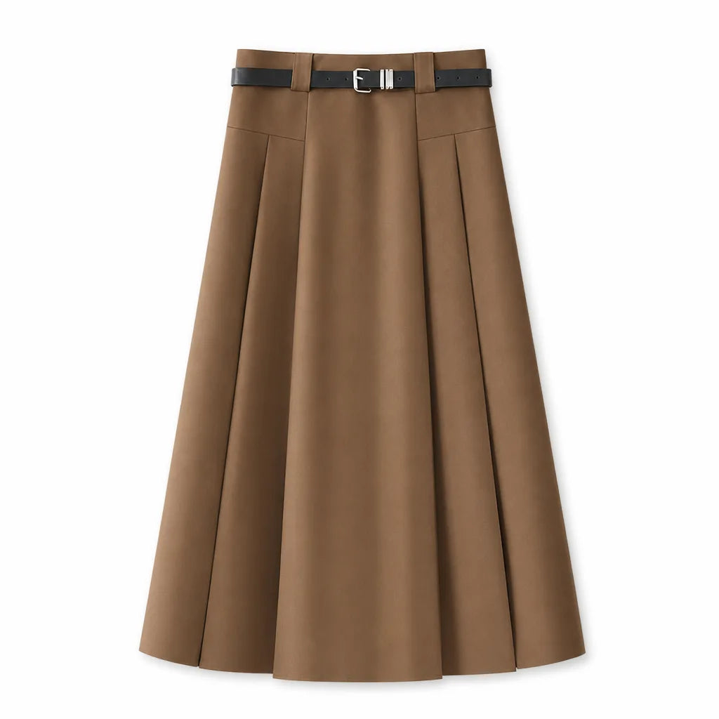 Jasmine Pleated Midi Skirt - Color:Brown;Size:S
