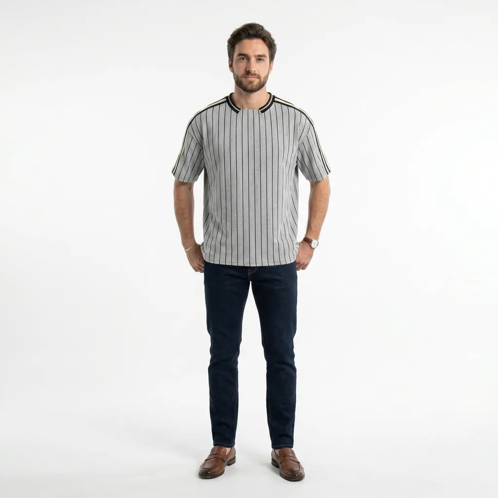 Men's Heather Grey Elle Striped Baseball T-Shirt