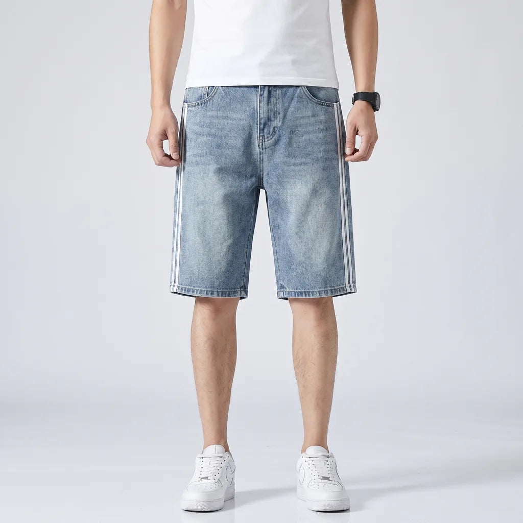Light blue Sinclair Striped Cotton Denim Shorts 1
