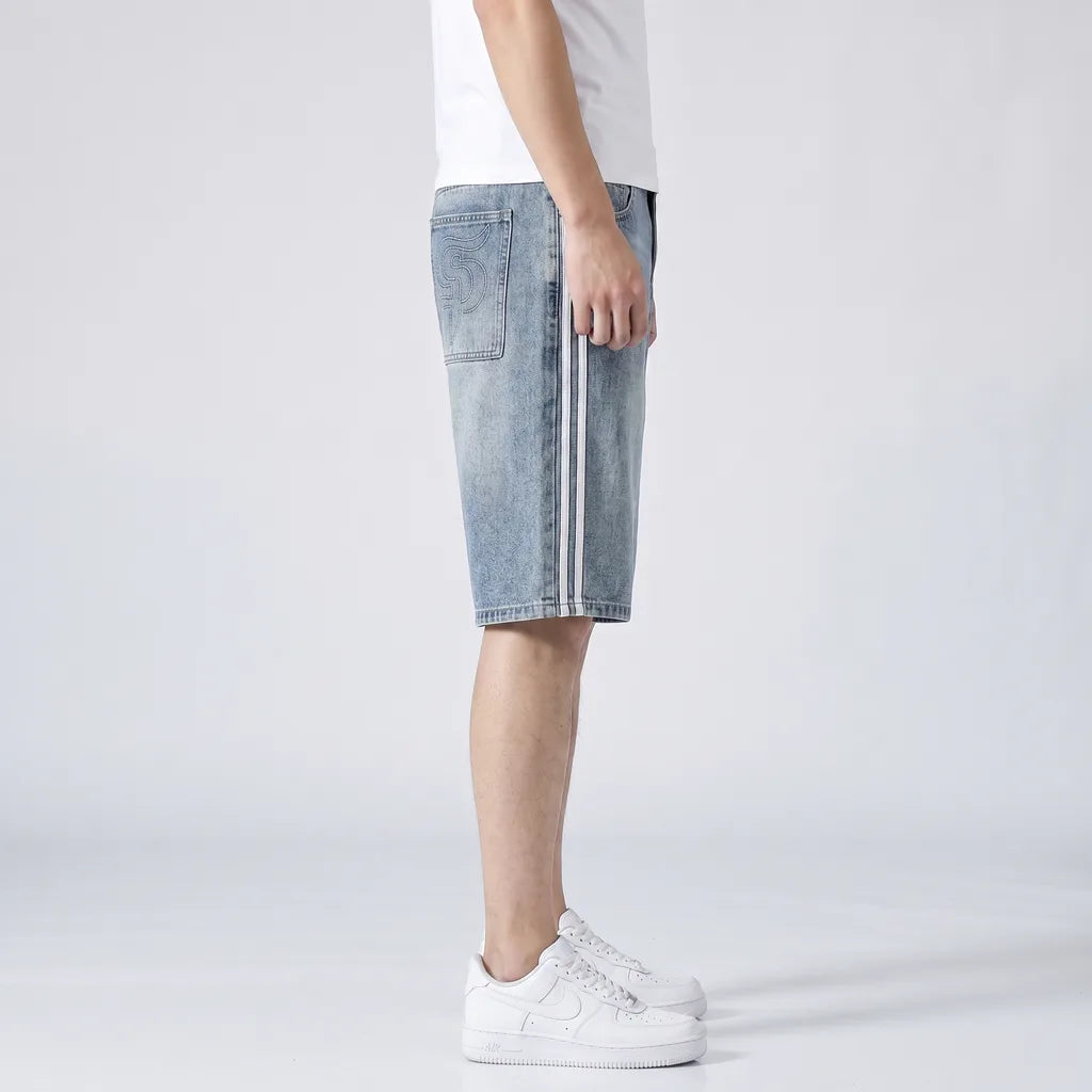 Light blue Sinclair Striped Cotton Denim Shorts 5