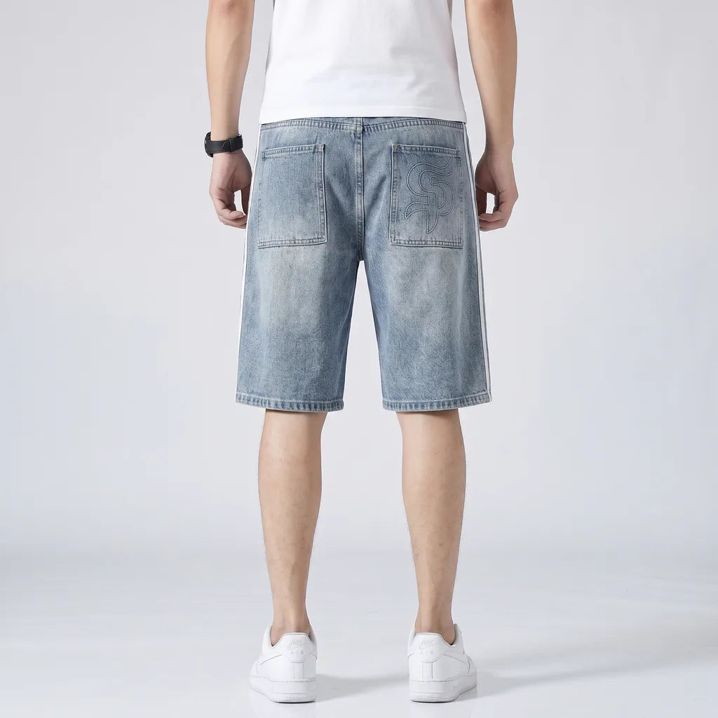 Light blue Sinclair Striped Cotton Denim Shorts 4
